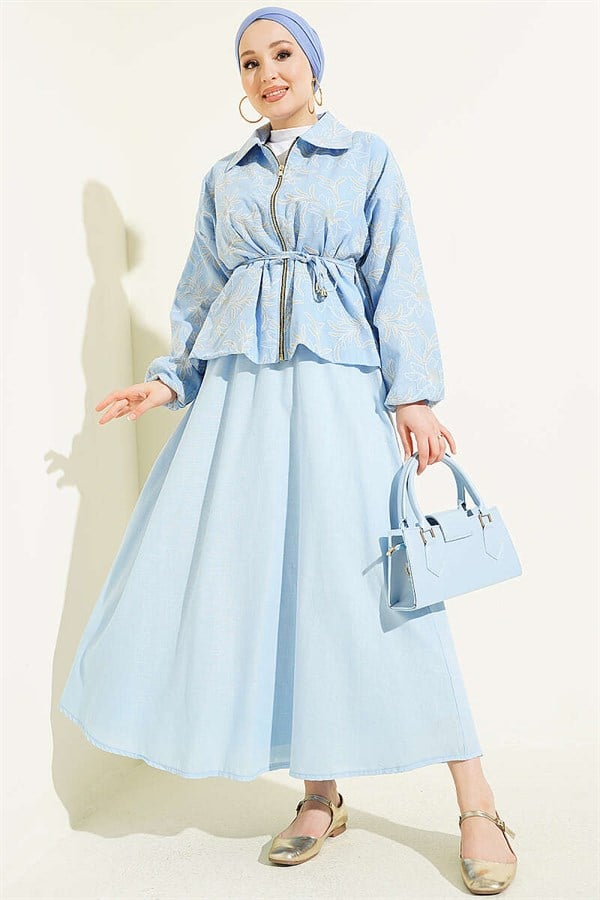 2 Piece Set with Zippered Floral Skirt, Baby Blue