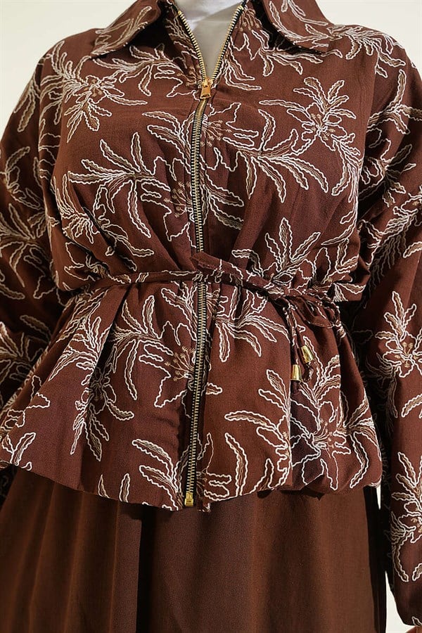 2 Piece Set with zippered floral skirt, coffee-colored.