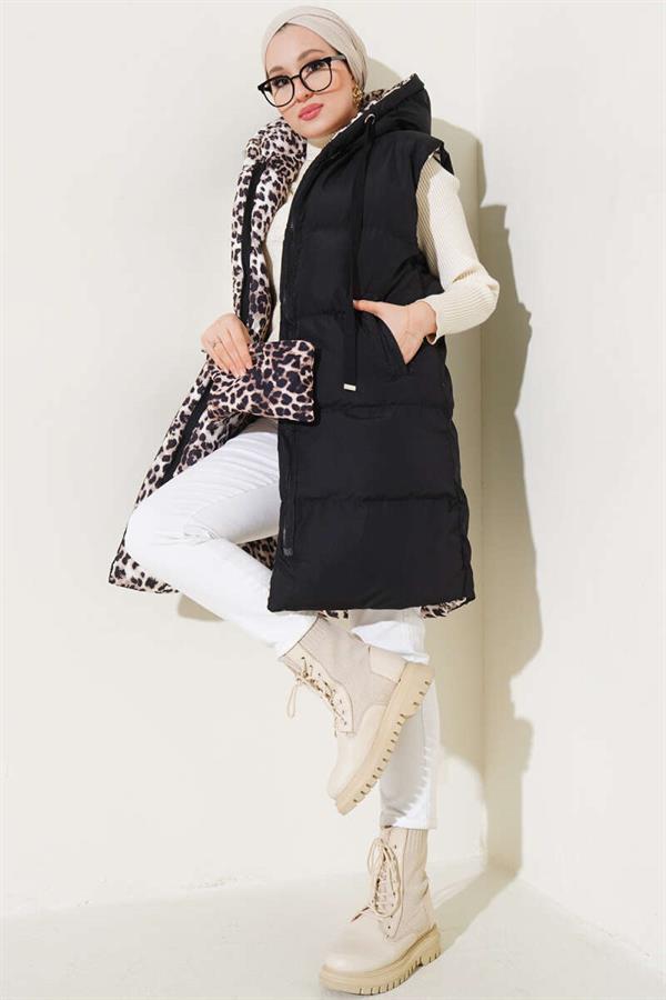 Zippered Double Sided Puffer Vest Leopard Black
