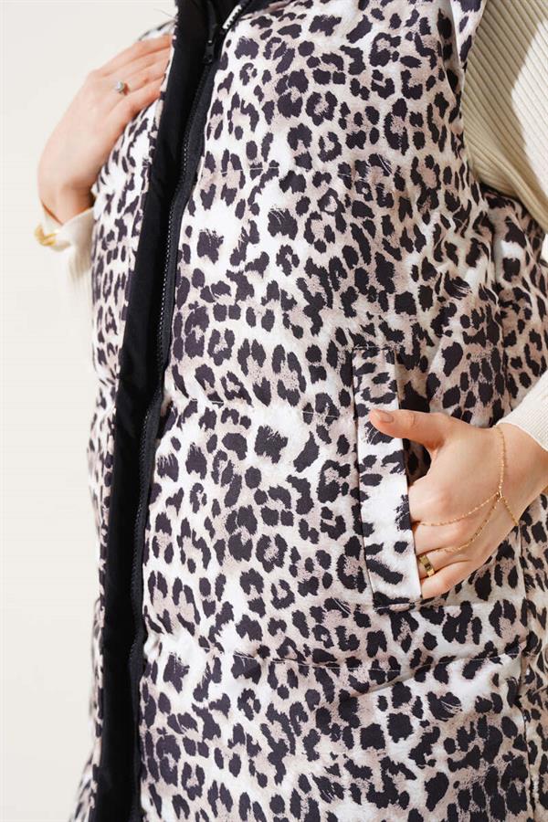 Zippered Double Sided Puffer Vest Leopard Black