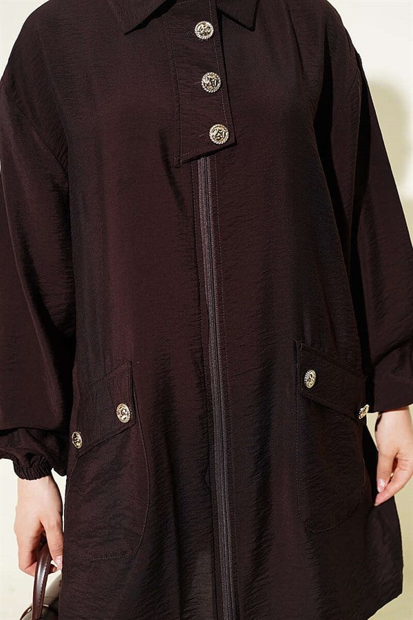 Zip-up Shirt Collar Coat Dark Brown