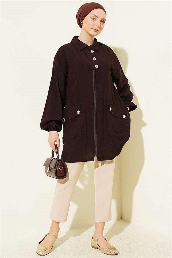 Zip-up Shirt Collar Coat Dark Brown