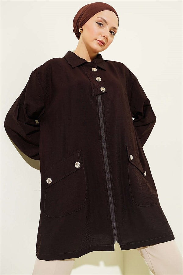 Zip-up Shirt Collar Coat Dark Brown