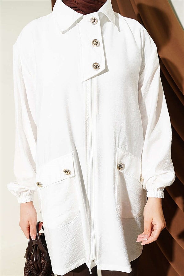 White Shirt Collar Zip-Up Coat