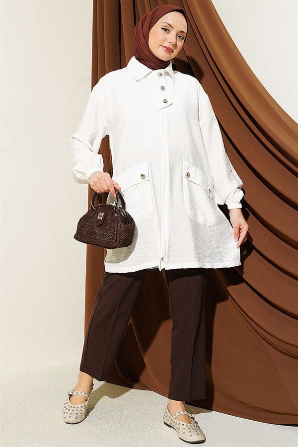 White Shirt Collar Zip-Up Coat