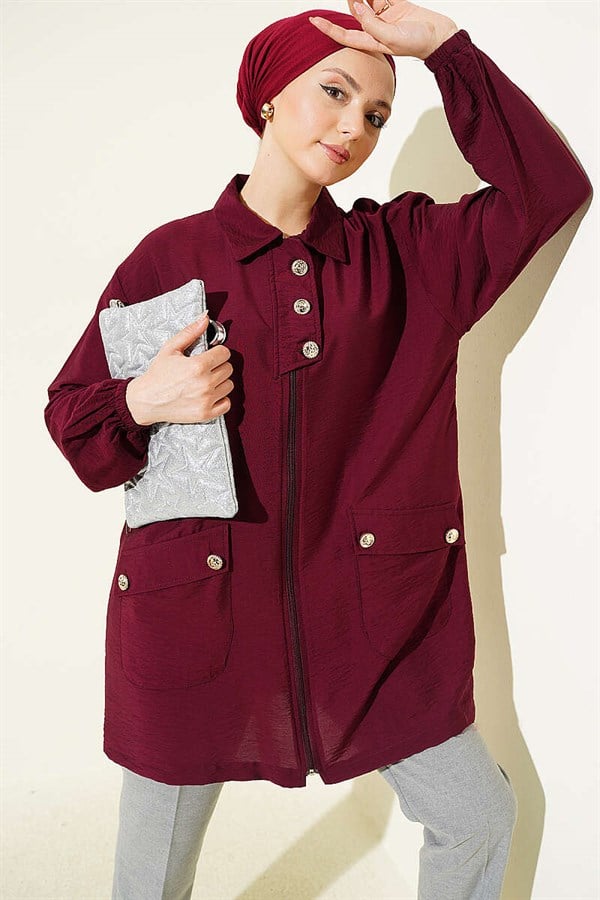 Burgundy Shirt with Zip-Up Collar