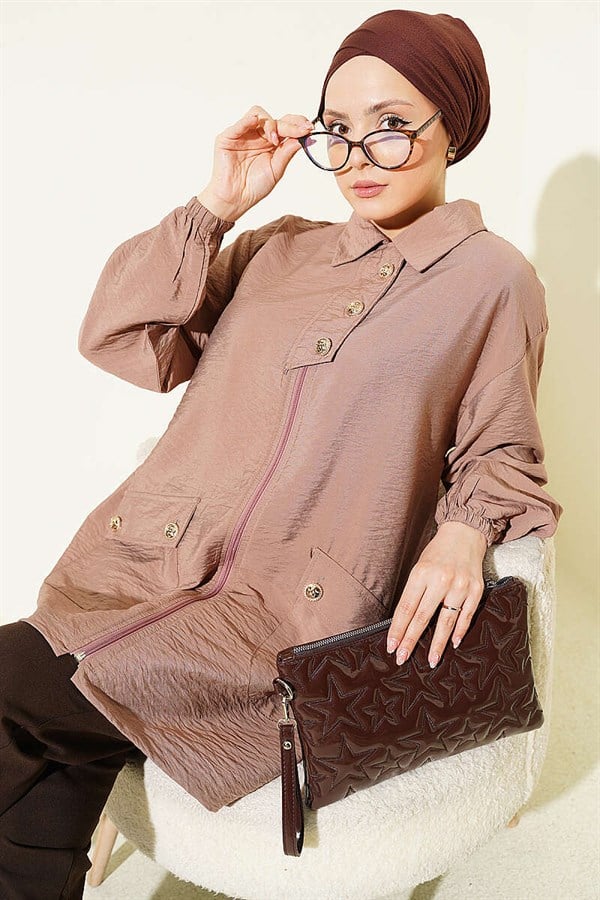 Zip-up Shirt Collar Cap Latte