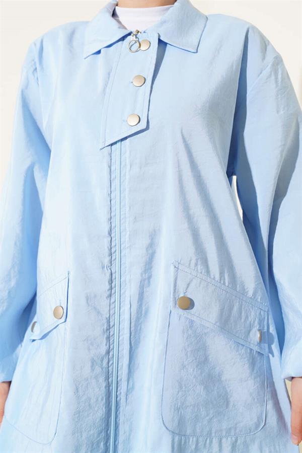Zippered Shirt Collar Coat Blue