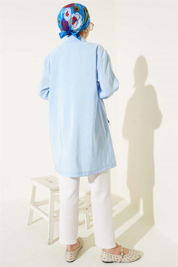 Zippered Shirt Collar Coat Blue