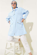 Zippered Shirt Collar Coat Blue