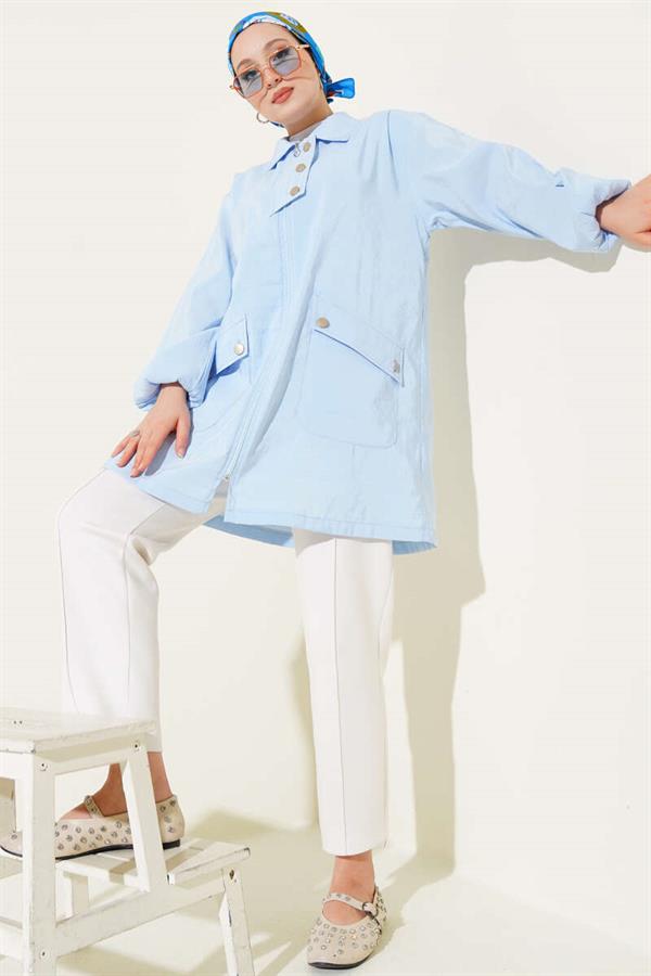 Zippered Shirt Collar Coat Blue
