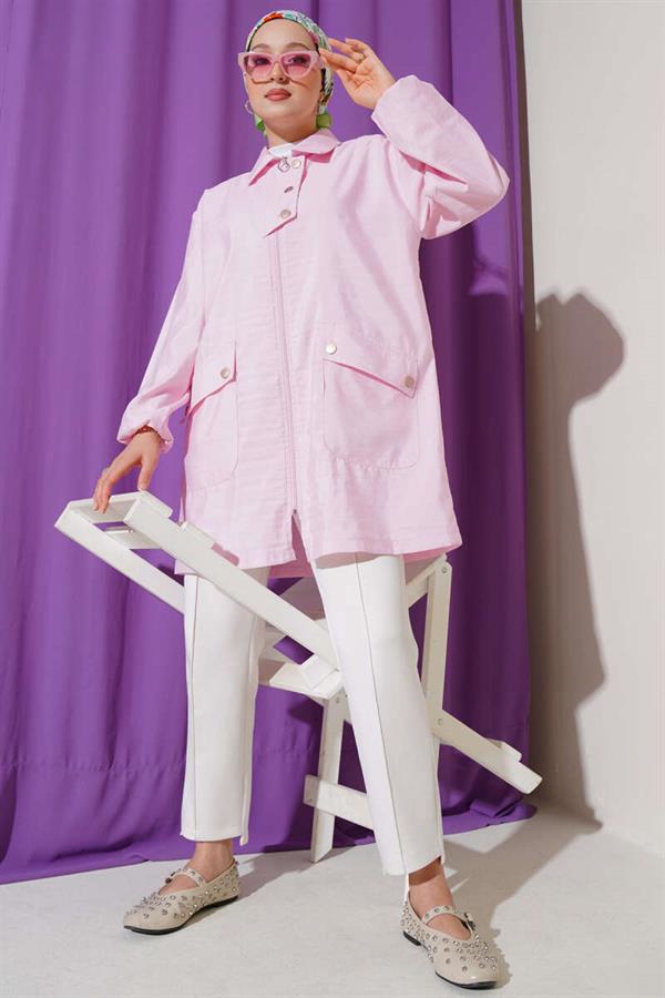 Zippered Shirt Collar Cape Pink