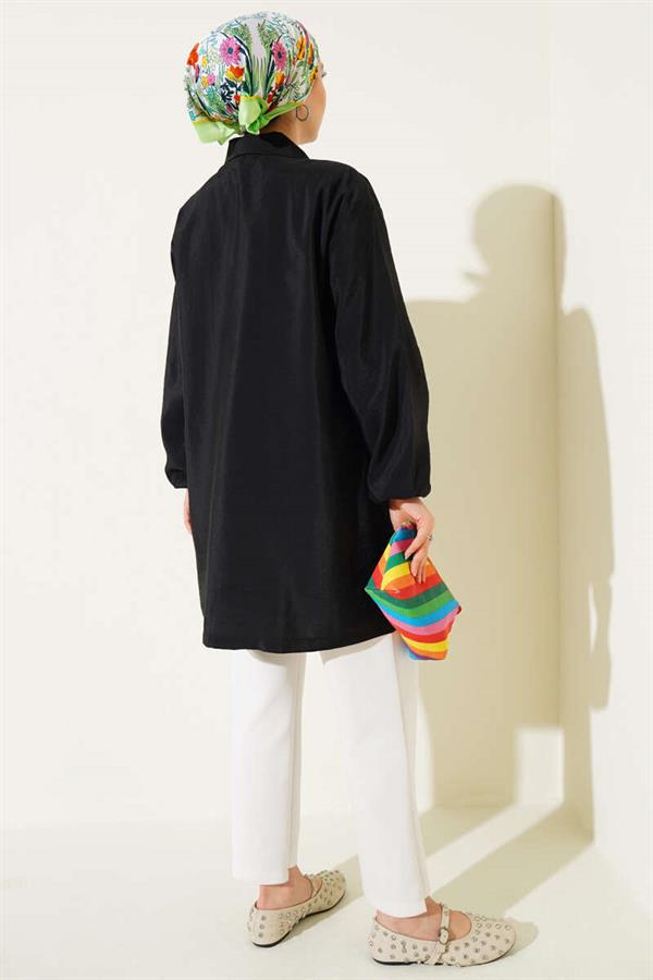 Zippered Shirt Collar Cape Black
