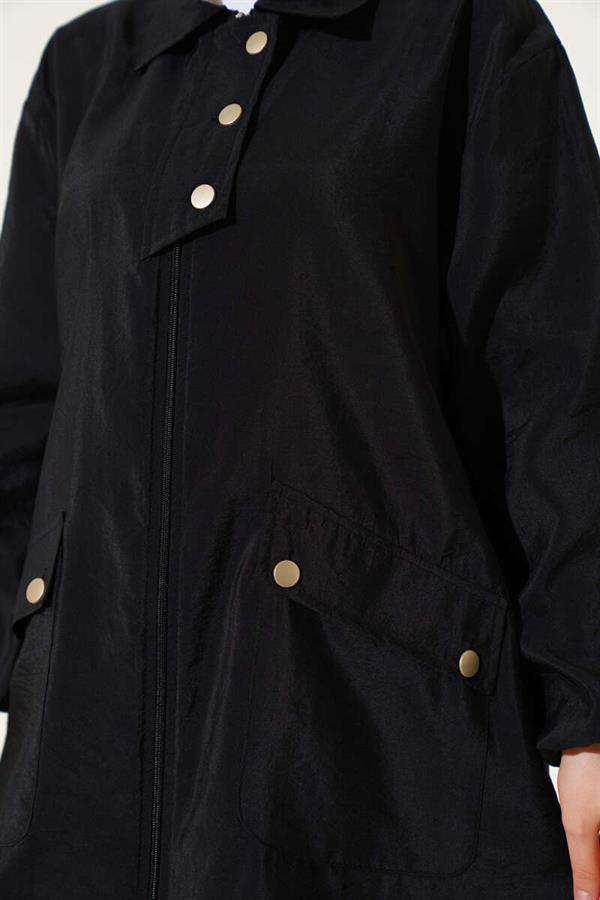 Zippered Shirt Collar Cape Black