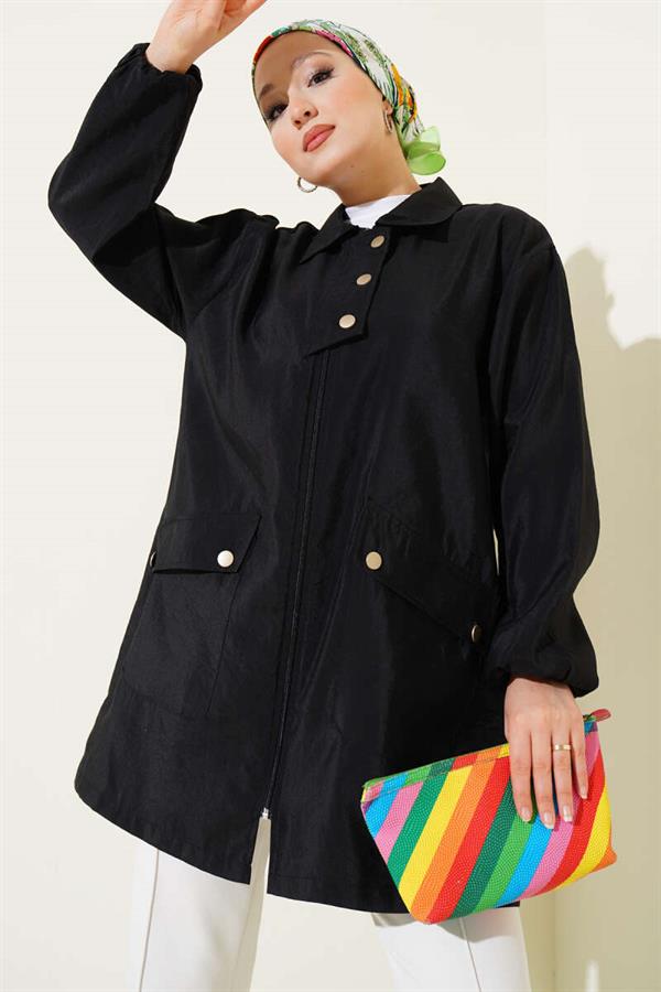 Zippered Shirt Collar Cape Black