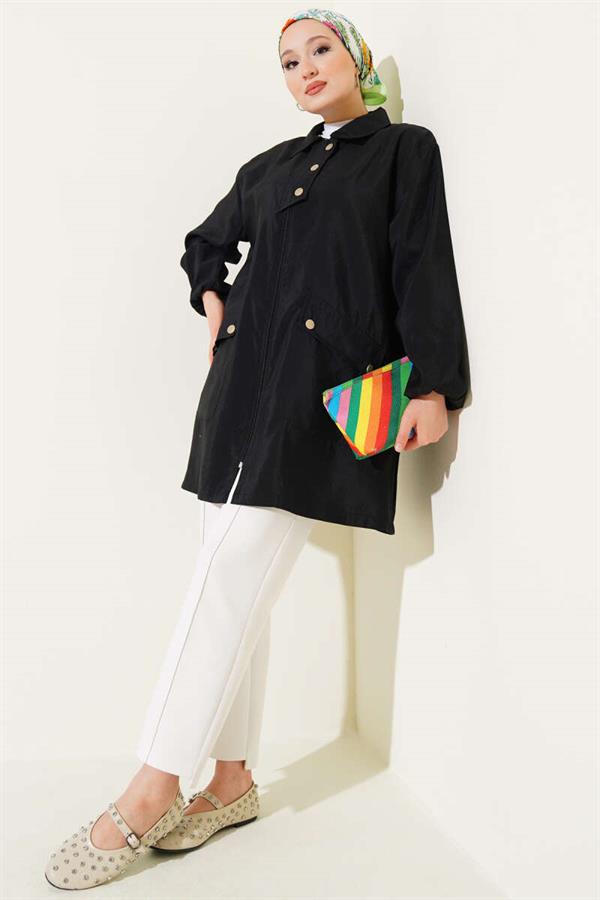 Zippered Shirt Collar Cape Black