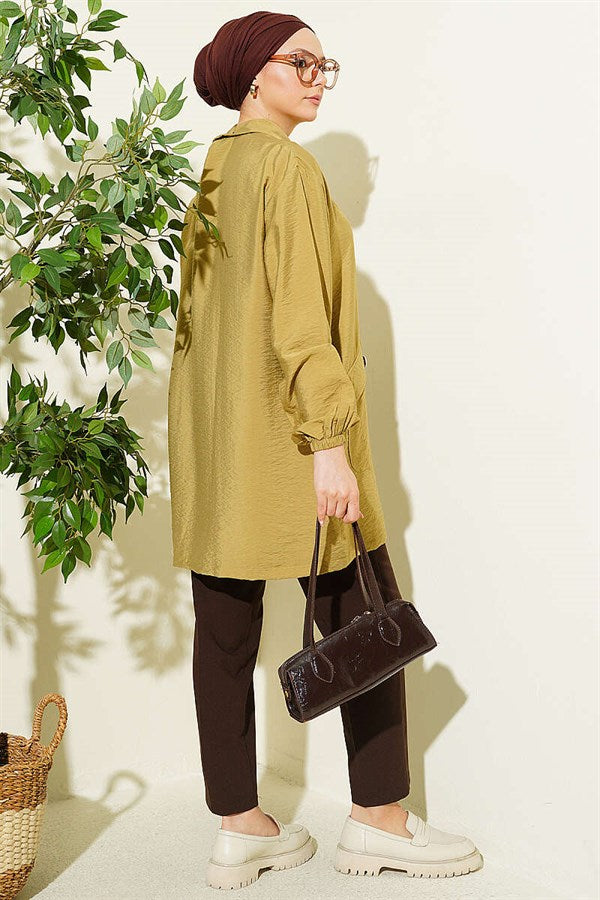 Zip-up Shirt Collar Coat in Olive Green
