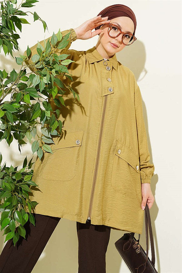 Zip-up Shirt Collar Coat in Olive Green