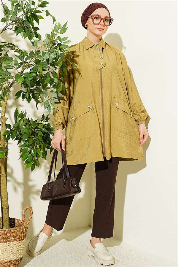 Zip-up Shirt Collar Coat in Olive Green