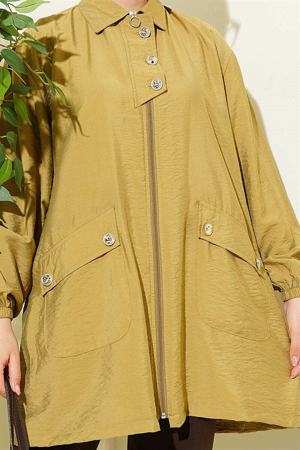 Zip-up Shirt Collar Coat in Olive Green