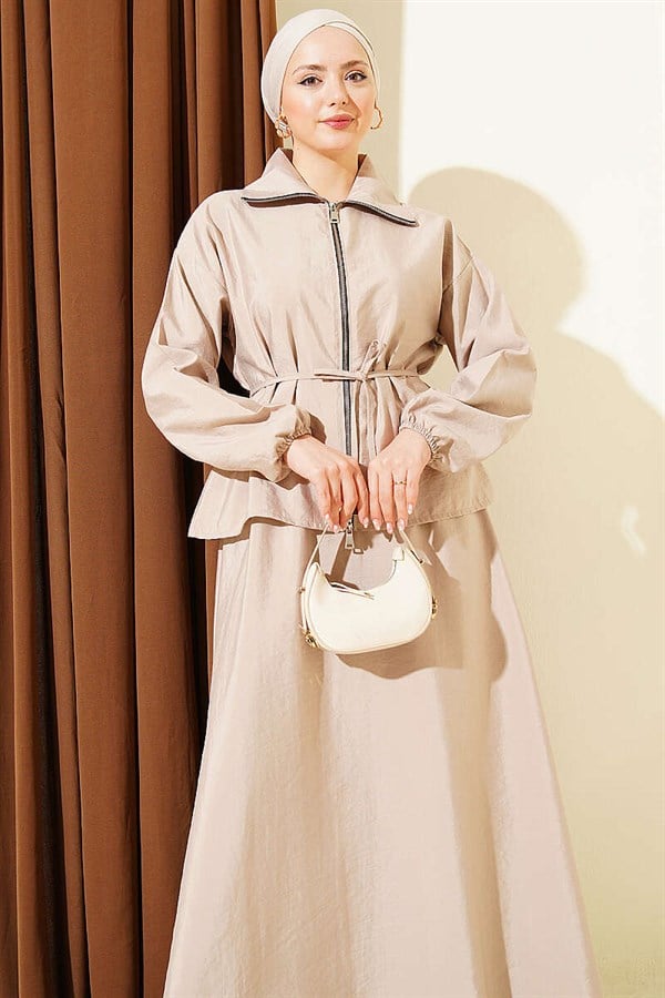 Zip-up, drawstring, and skirted Parachute 2 Piece Set, beige.