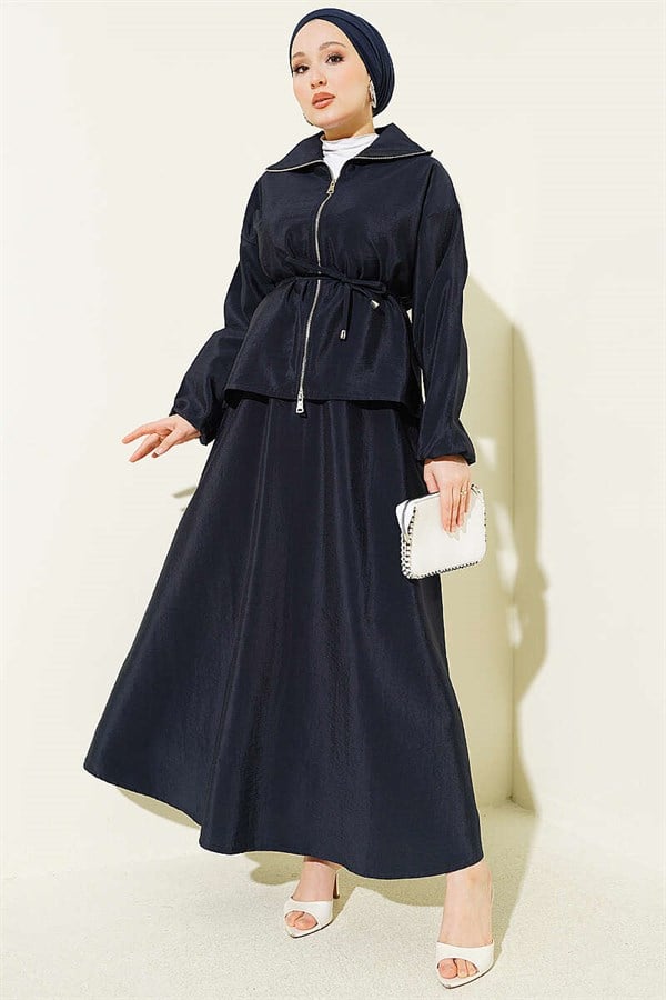 Navy Blue Parachute 2 Piece Set with Zipper and Drawstring Skirt