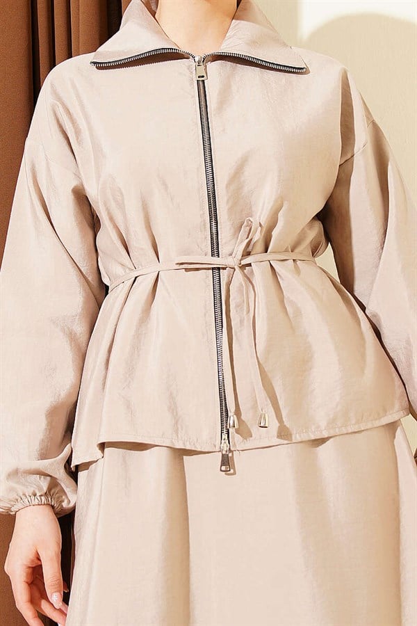 Zip-up, drawstring, and skirted Parachute 2 Piece Set, beige.