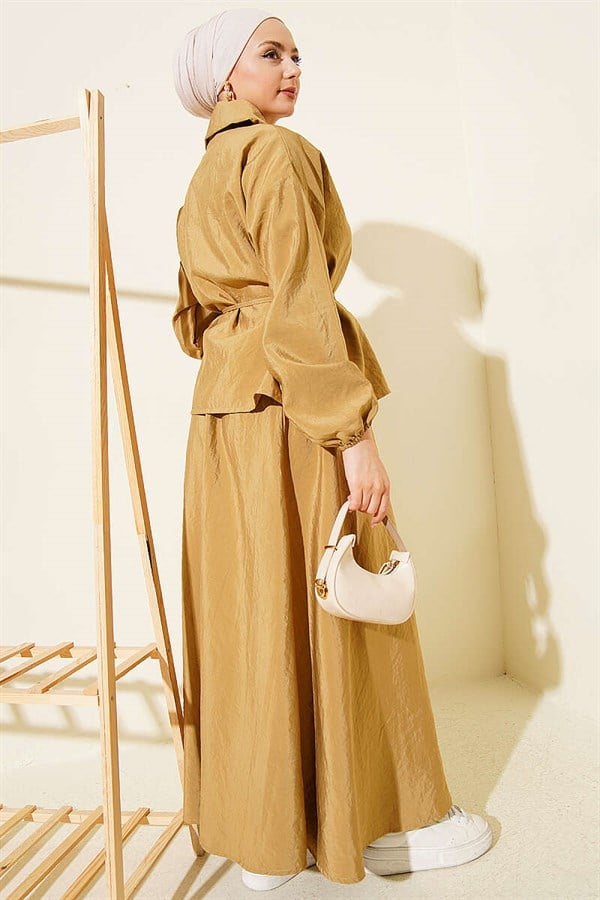 Mustard Zippered, Drawstring Skirted Parachute 2 Piece Set