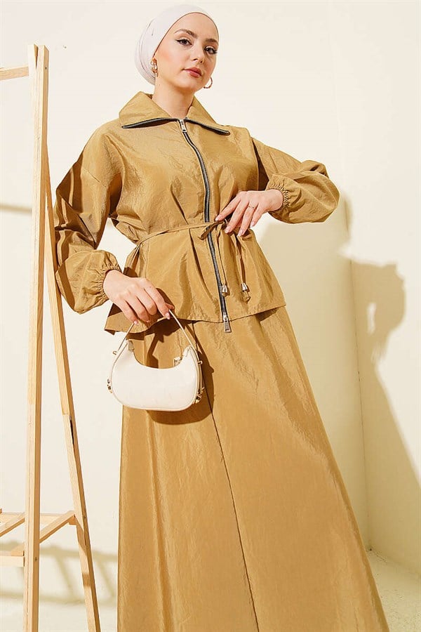 Mustard Zippered, Drawstring Skirted Parachute 2 Piece Set