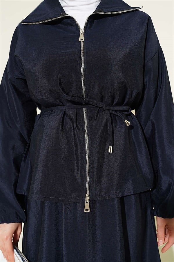 Navy Blue Parachute 2 Piece Set with Zipper and Drawstring Skirt