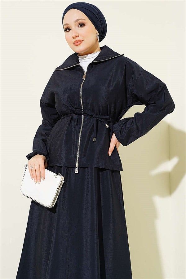 Navy Blue Parachute 2 Piece Set with Zipper and Drawstring Skirt