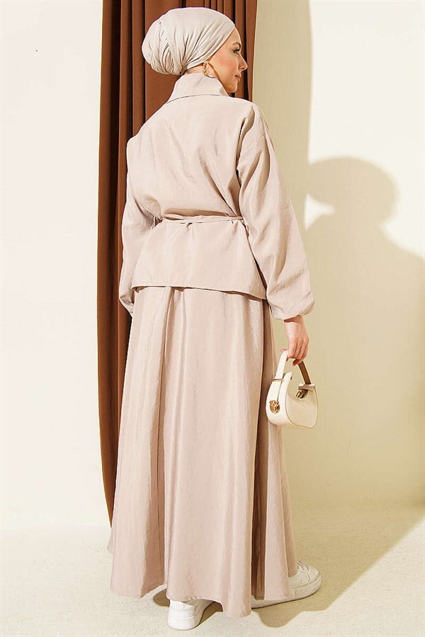 Zip-up, drawstring, and skirted Parachute 2 Piece Set, beige.
