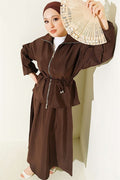 Zippered, Drawstring Skirted Parachute 2 Piece Set, Coffee