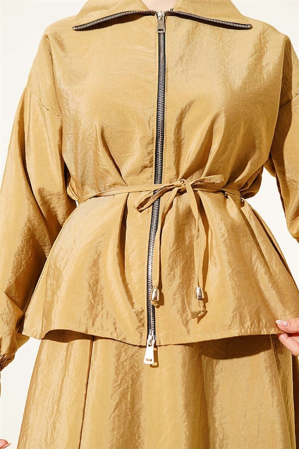 Mustard Zippered, Drawstring Skirted Parachute 2 Piece Set