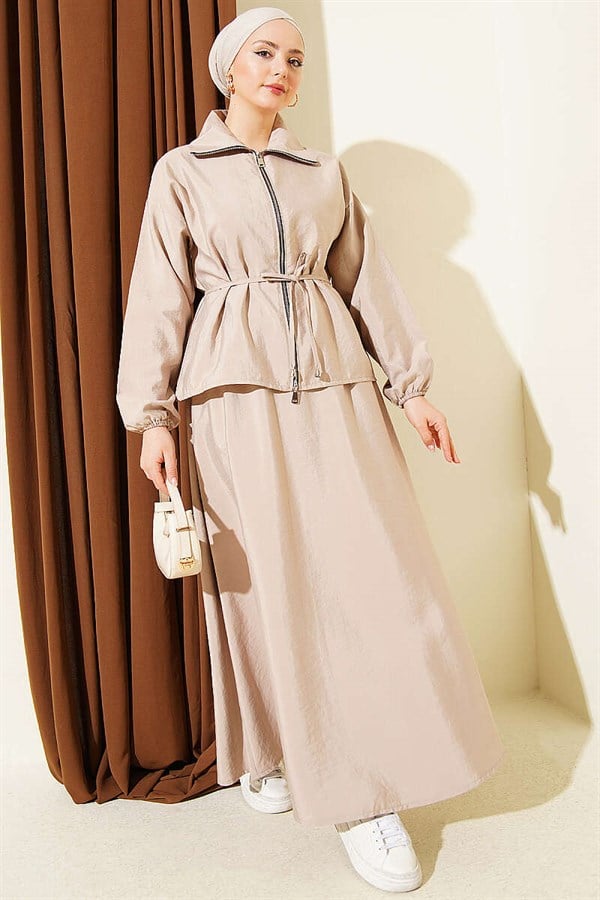 Zip-up, drawstring, and skirted Parachute 2 Piece Set, beige.