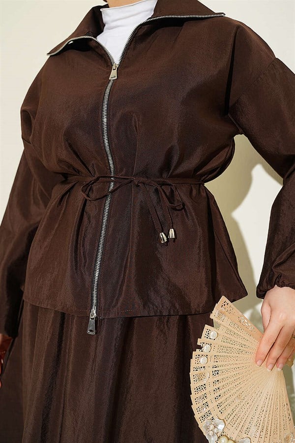 Zippered, Drawstring Skirted Parachute 2 Piece Set, Coffee