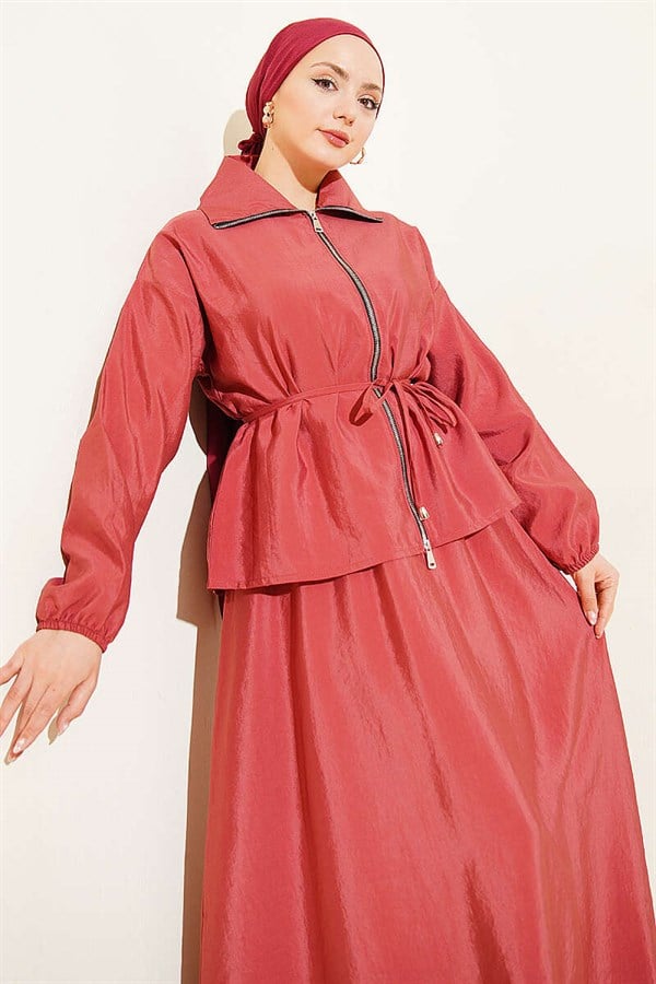 Coral Zippered Parachute 2 Piece Set with Drawstring Skirt