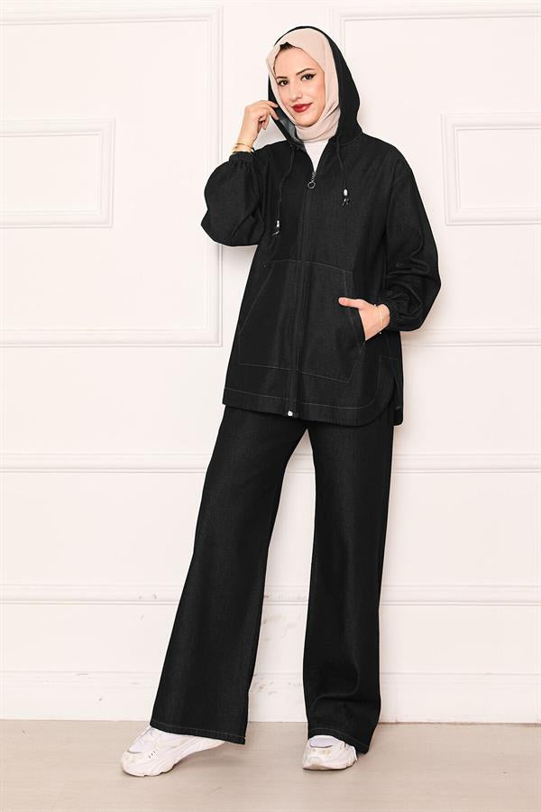 Black Hooded Denim Set with Zipper and Kangaroo Pocket Detail