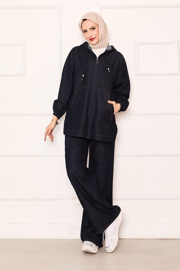 Zippered Kangaroo Pocket Detailed Hooded Denim 2 Piece Set Navy Blue