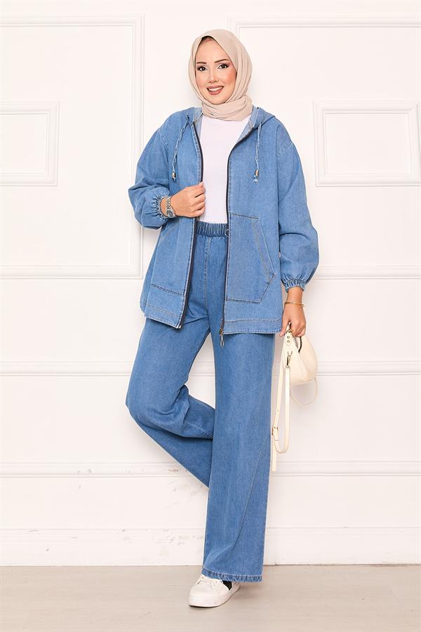 Zippered Kangaroo Pocket Detailed Hooded Denim 2 Piece Set Blue