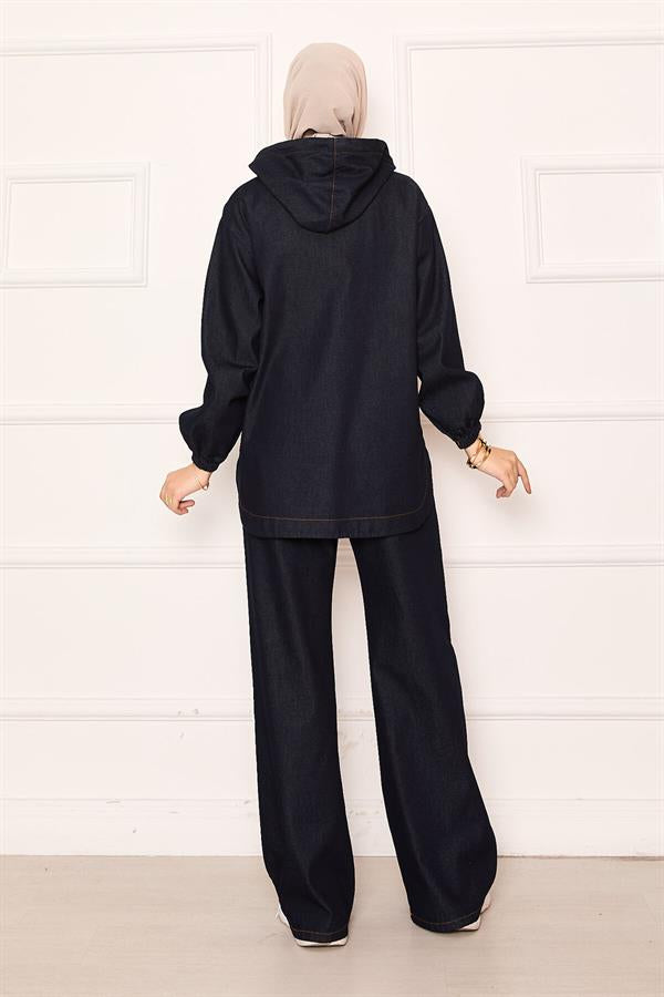 Zippered Kangaroo Pocket Detailed Hooded Denim 2 Piece Set Navy Blue