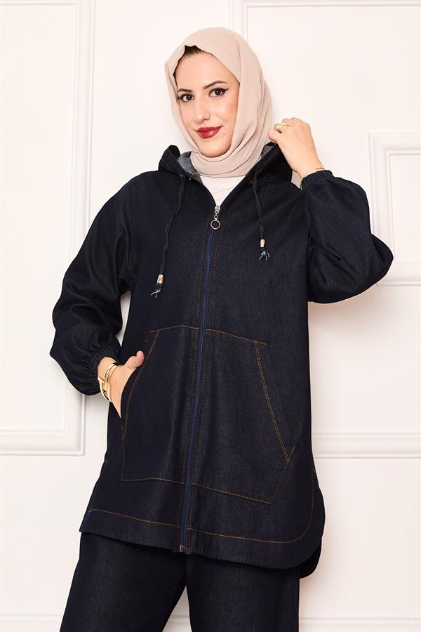 Zippered Kangaroo Pocket Detailed Hooded Denim 2 Piece Set Navy Blue