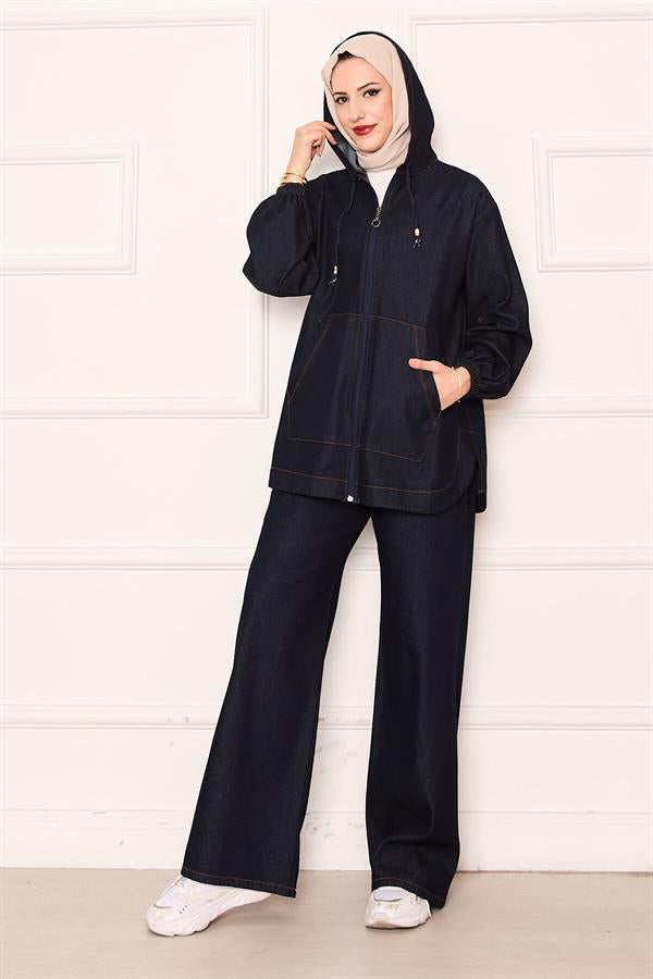 Zippered Kangaroo Pocket Detailed Hooded Denim 2 Piece Set Navy Blue