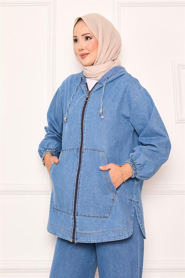 Zippered Kangaroo Pocket Detailed Hooded Denim 2 Piece Set Blue