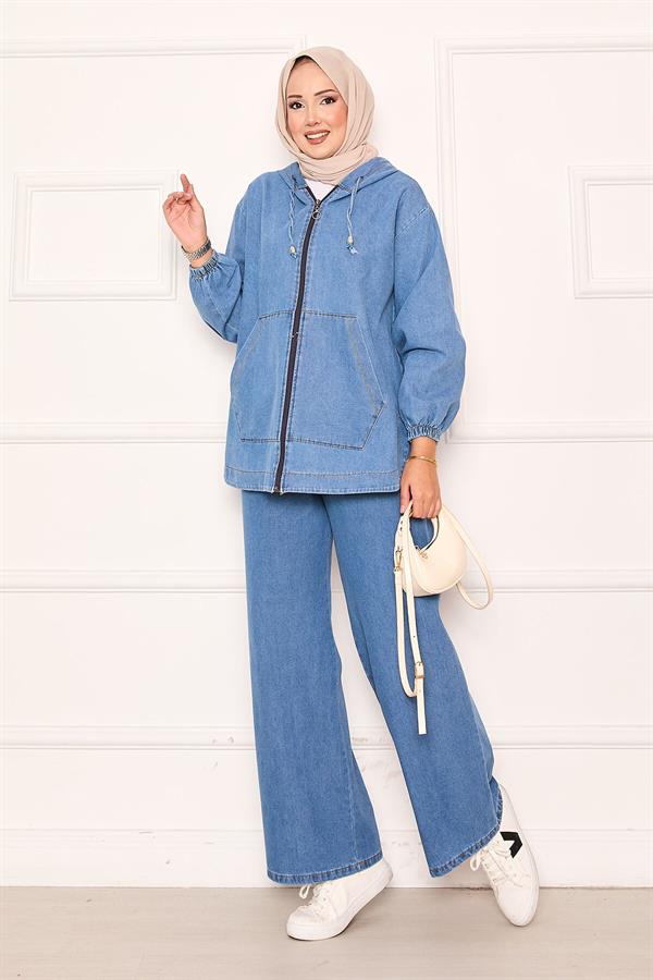 Zippered Kangaroo Pocket Detailed Hooded Denim 2 Piece Set Blue