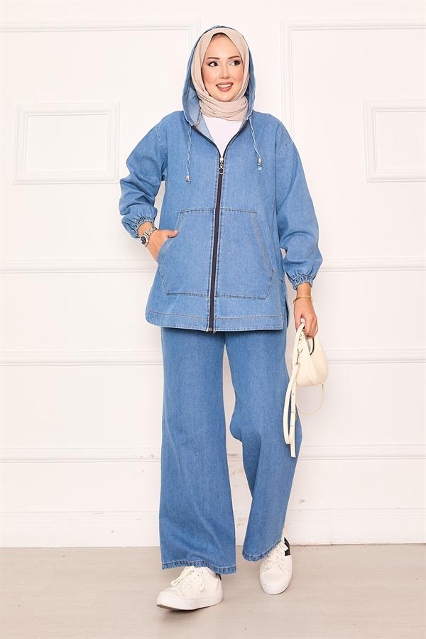 Zippered Kangaroo Pocket Detailed Hooded Denim 2 Piece Set Blue