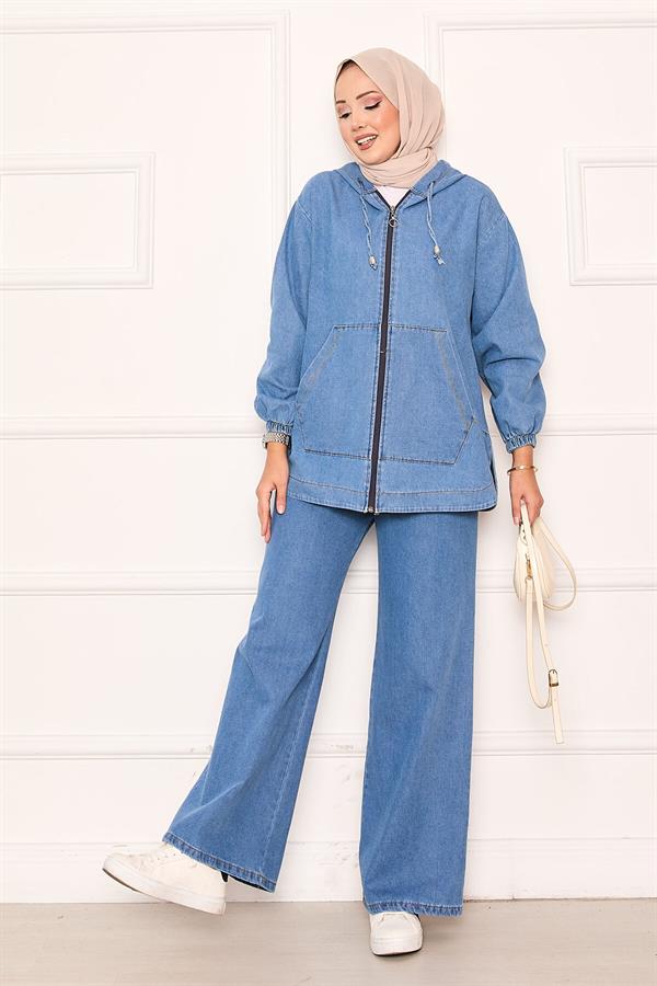 Zippered Kangaroo Pocket Detailed Hooded Denim 2 Piece Set Blue