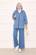 Zippered Kangaroo Pocket Detailed Hooded Denim 2 Piece Set Blue