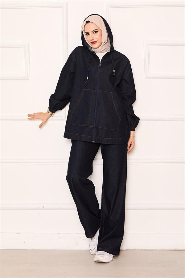 Zippered Kangaroo Pocket Detailed Hooded Denim 2 Piece Set Navy Blue