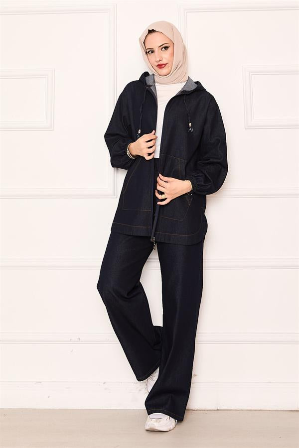 Zippered Kangaroo Pocket Detailed Hooded Denim 2 Piece Set Navy Blue